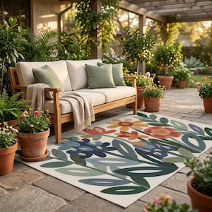 Whimsical Texas Wildflower Pattern Outdoor Rug | Floral Doormat, Patio Mat | Printed Embroidery Look