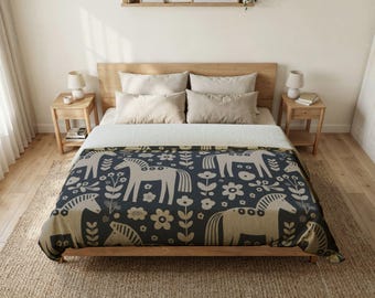Scandi Horse Pattern Cotton Duvet Cover | Folk Floral Stable Print