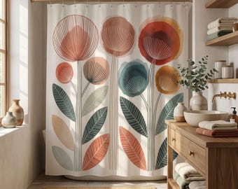 Scandinavian Botanical Shower Curtain, Sage Terracotta Floral, Mid Century Inspired Nature Bathroom Decor