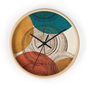 Abstract Woodgrain Wall Clock, Tree Ring Clock, Mid Century Modern Decor, Organic Modern Wall Art