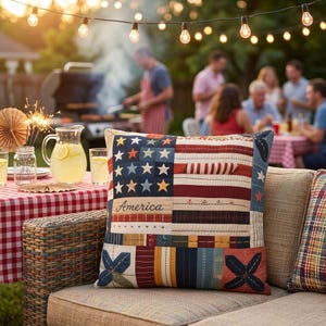 May include: A decorative pillow with a patchwork design resembling the American flag, featuring red, white, and blue stars and stripes. The word "America" is stitched on the pillow. The pillow is on a wicker chair, with a backyard barbecue scene in the background.