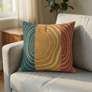 Tree Ring Throw Pillow Abstract Boho Cushion Mid Century Modern Nature Decor Mustard Blue Rust Accent Pillow