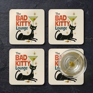 Retro Cat Coaster Set – Atomic Starburst, Mid-Century Bar Decor