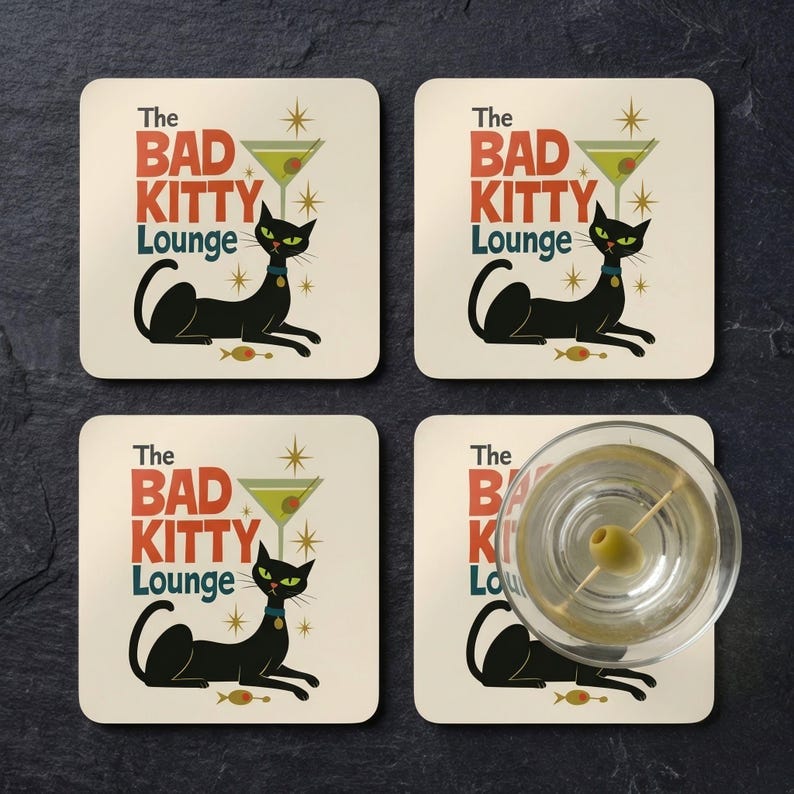 Retro Cat Coaster Set – Atomic Starburst, Mid-Century Bar Decor