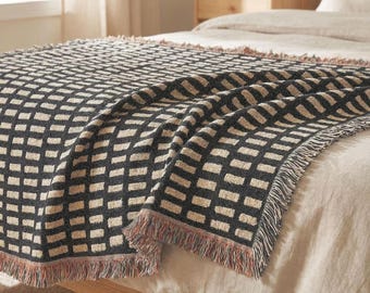 Black Cream Woven Throw Blanket, Cotton Couch Blanket, Dark Neutral Bed Throw, Minimalist Scandinavian Decor