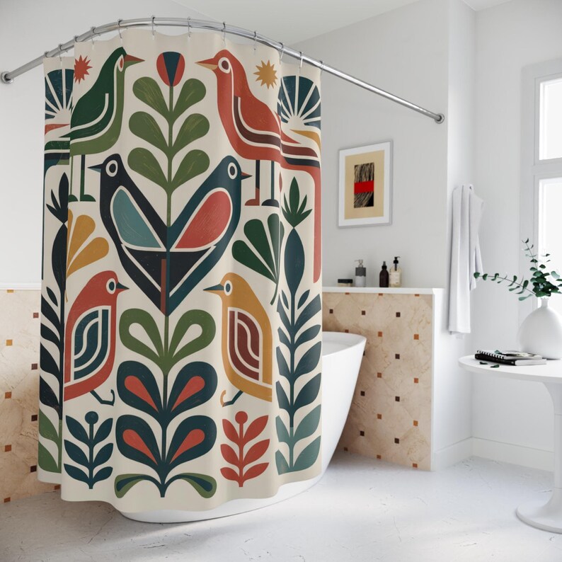 Scandinavian Shower Curtain | Folk Bird Mid Century Boho Design | Boho Home Decor Gift