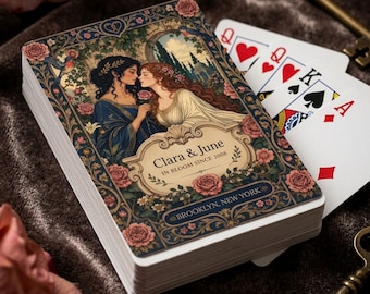 Cadeau d'anniversaire lesbien, jeu de cartes personnalisé (noms, date et lieu), jeu de cartes pour mariage saphique, cadeau de pendaison de crémaillère WLW, style Art nouveau