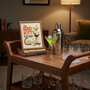 Siamese Cat Poster, Mid Century Modern Cat Wall Art, Bad Kitty Martini Lounge Print
