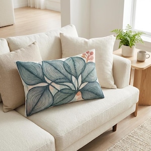 Abstract Leaf Slim Lumbar Pillow, Mid Century Modern Scandinavian Decor, Printed Embroidery Look, Teal Blue Green Botanical Accent Cushion