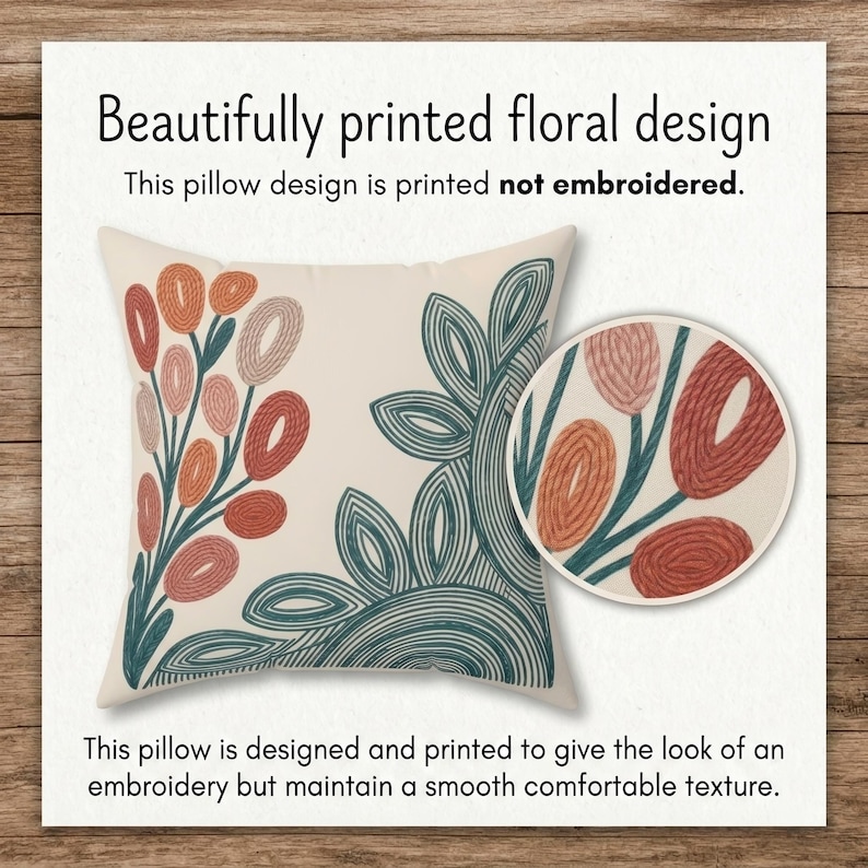 Mid Century Throw Pillow, Coral Teal Botanical Pillow, Modern Floral Decorative Cushion