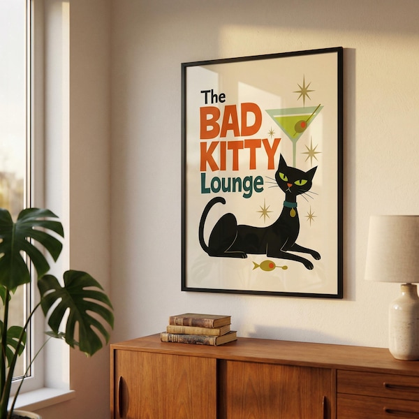 Cat Poster Retro Bad Kitty Lounge: Mid-Century Modern Art Print