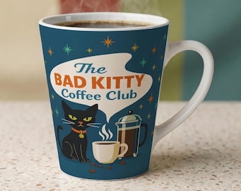 Bad Kitty Mug, Retro Black Cat Coffee Mug, Mid Century Modern Cat Lover Gift, Atomic Starburst Latte Cup