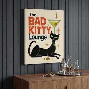 Leinwandbild im Mid-Century-Modern-Stil mit Katze, Retro-Wandbild mit schwarzer Katze, Wohnzimmerdeko mit frechem Kitty-Motiv