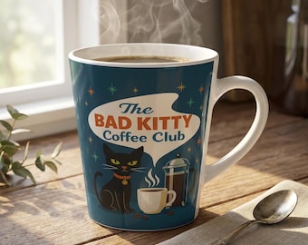 Retro Black Cat Coffee Mug – Bad Kitty Coffee Club, Atomic Starbursts