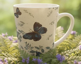Butterfly Mug, Botanical Coffee Cup, Blue Floral Ceramic Mug, Cottagecore Gift, Vintage Style Tea Cup