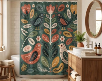 Cottagecore Bird Floral Shower Curtain – Vintage Botanical Bathroom Decor