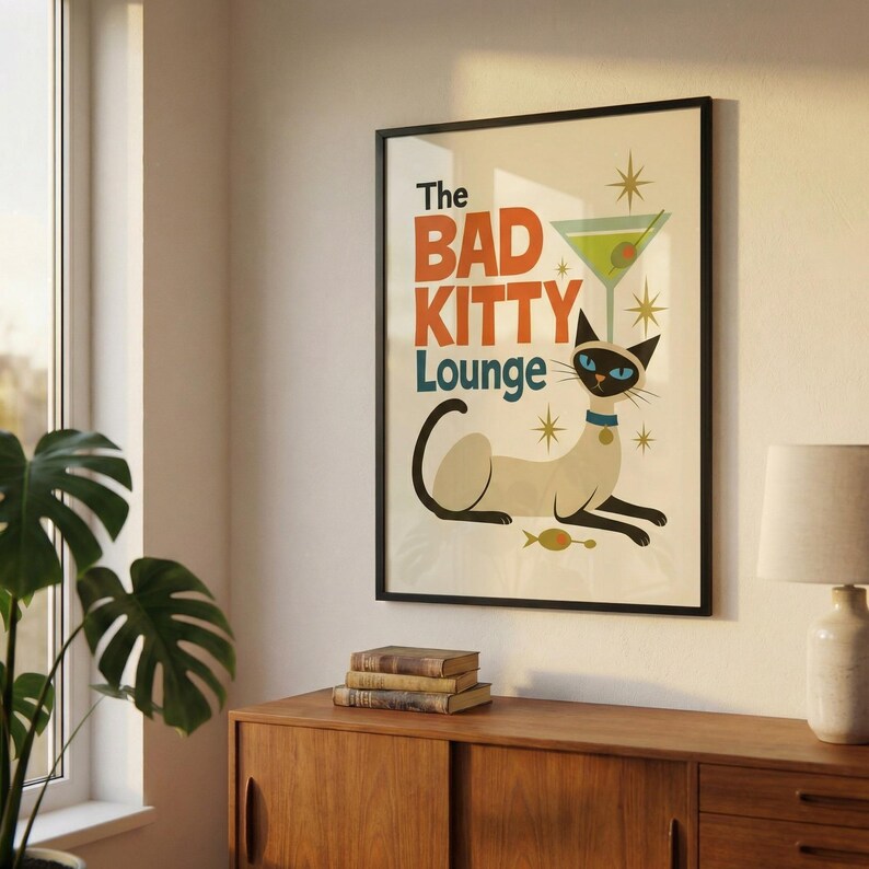 Mid Century Modern Cat Poster, Retro Siamese "Bad Kitty Martini Lounge" Art Print