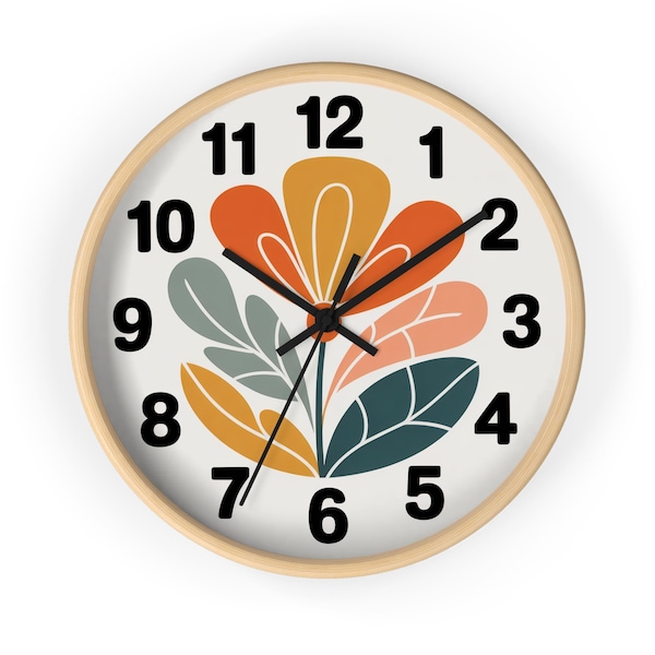 Graphic Floral Wall Clock, Mid Century Modern Flower Clock, Scandinavian Retro Decor