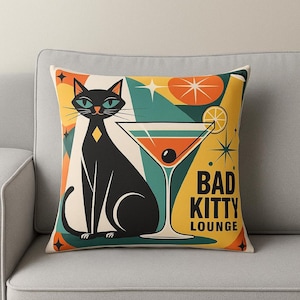 Bad Kitty Lounge Pillow, Atomic Mid Century Cat Throw Pillow, Retro Bar Decor