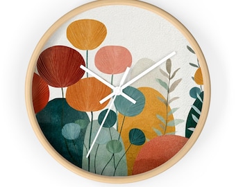 Floral Wall Clock, Mid Century Modern Clock, Botanical Art Print Clock, Abstract Watercolor Decor