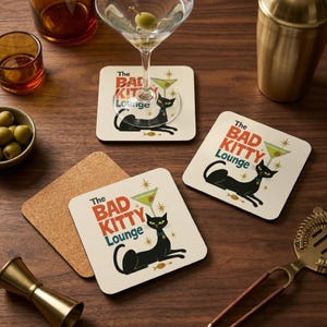 Retro Cat Coaster Set – Atomic Starburst, Mid-Century Bar Decor