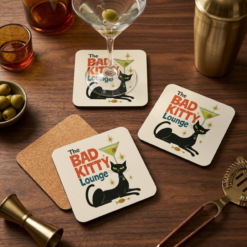 Retro Cat Coaster Set – Atomic Starburst, Mid-Century Bar Decor