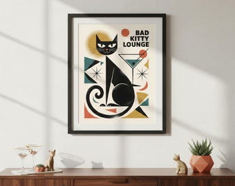 Vintage Black Cat Art Print, Cat Wall Art, Mid Century Cocktail Lounge Decor, Atomic Age Poster, Retro Martini Cat Print