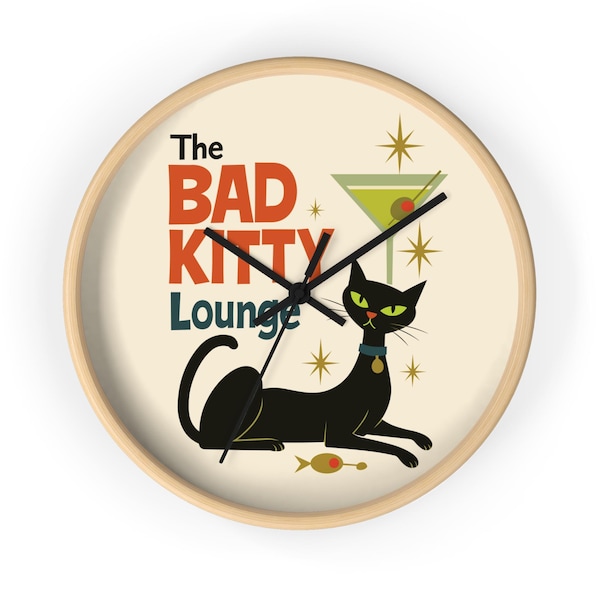 Black Cat Wall Clock, Bad Kitty Lounge Clock, Mid Century Clock, Retro Wall Clock, Atomic Style Clock, Unique Cat Lover Gift