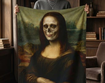 Coperta in velluto con teschio della Gioconda, coperta in stile gotico, decorazione dark academia, coperta di Halloween, regalo per la casa in stile gotico