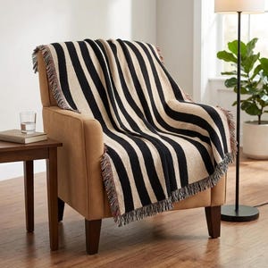 Abstract Wavy Stripe Woven Blanket Modern Line Art Throw Black Cream Boho Decor Mid Century Minimalist Housewarming Gift