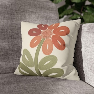 Terracotta Daisy Floral Faux Suede Pillowcase | Embroidery-Inspired Folk Art Throw Pillow Cover