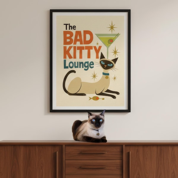Lámina artística de gato siamés, póster de gato de estilo moderno de mediados de siglo, arte de pared para bar Bad Kitty Martini, regalo para amantes de los gatos, decoración para cocina o bar.