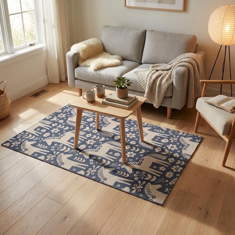Dala Rugs Dala Horse Area Rug, Scandinavian Folk Art Rug, Nordic Floral Blue Rug ...