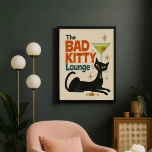 Mid Mod Cat Art Print Retro Wall Decor Martini Lounge Atomic Cat Wall Art Fine Art Print