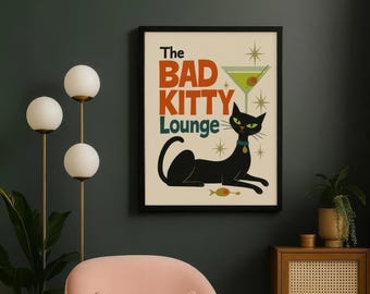 Mid Mod Cat Art Print Retro Wall Decor Martini Lounge Atomic Cat Wall Art Fine Art Print