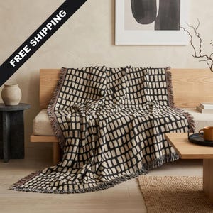 Japandi Woven Throw Blanket Black Cream Geometric Cotton Throw Wabi Sabi Decor Organic Modern Living Room Accent