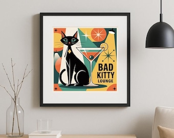 Mid century modern cat art print, Bad Kitty Lounge decor, Atomic black kitty poster