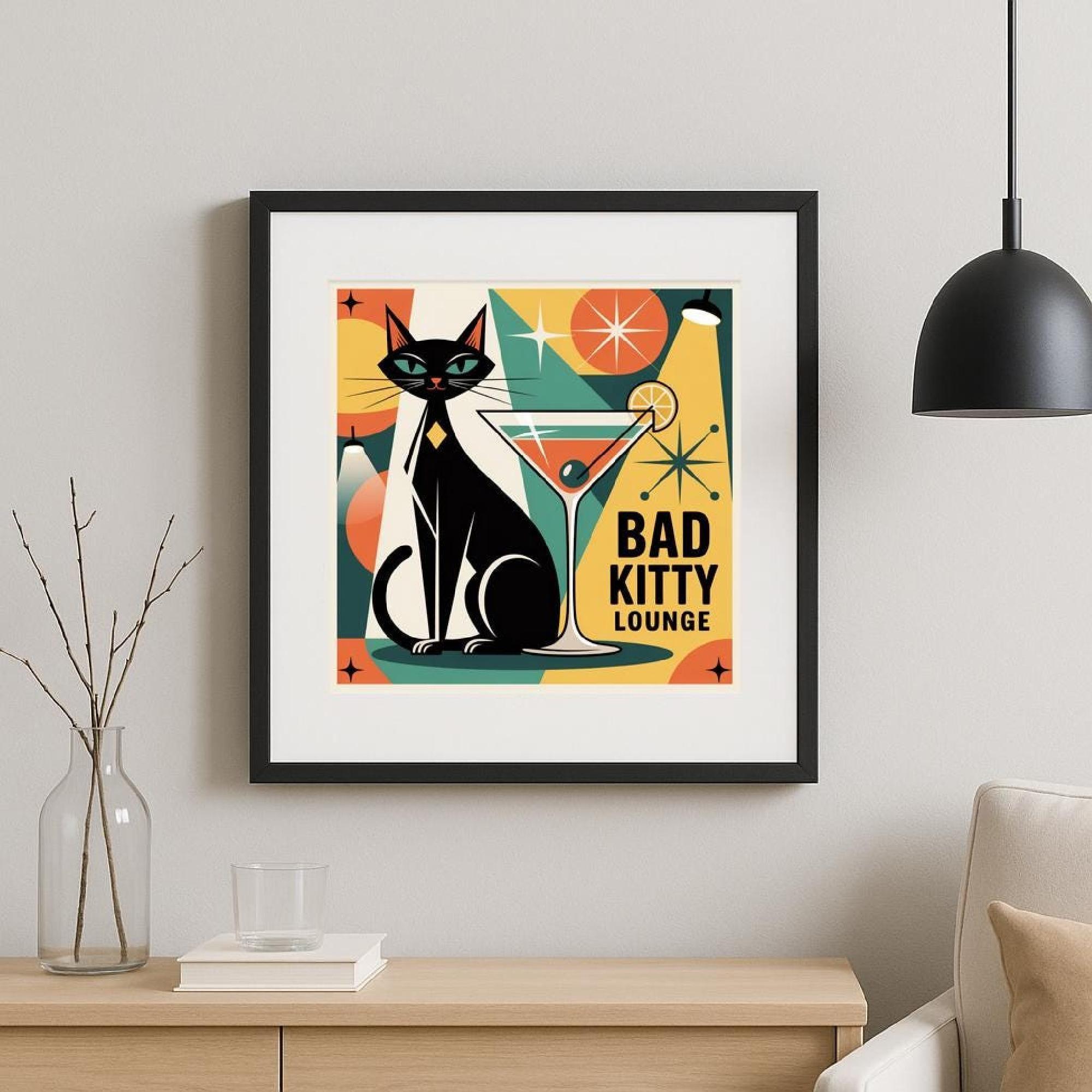 Mid Century Modern Cat Art Print, Bad Kitty Lounge Decor, Atomic