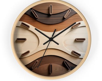 Mid Century Modern Wall Clock, Printed Geometric Wood Look Clock, Neutral Scandinavian Decor, Japandi Wall Clock