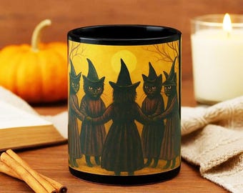 Witch Cat Coffee Mug, Gothic Halloween Drinkware, Full Moon Raven Design