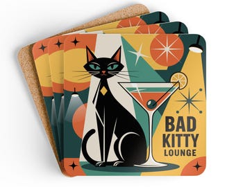 Black Cat Coasters Set of 4, Mid Century Modern Coasters, Cork Drink Coasters, Retro Cat Barware, Atomic Style Decor