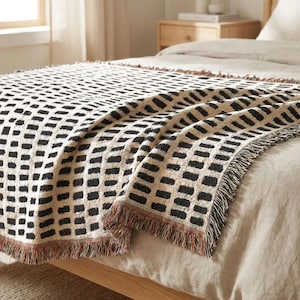 Black Cream Woven Throw Blanket, Cotton Couch Blanket, Neutral Modern Bed Throw, Minimalist Scandinavian Decor