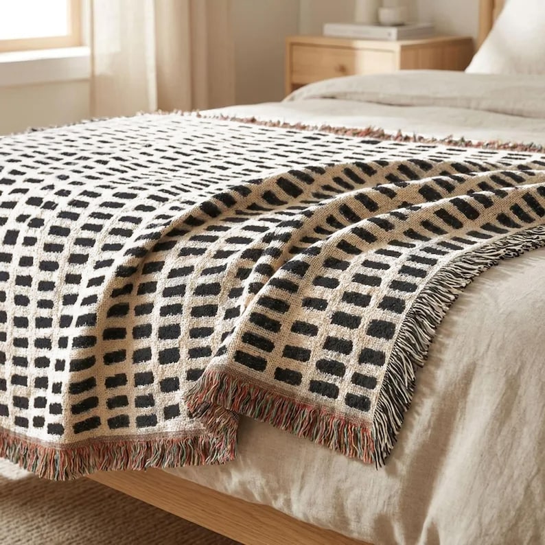 Black Cream Woven Throw Blanket, Cotton Couch Blanket, Neutral Modern Bed Throw, Minimalist Scandinavian Decor