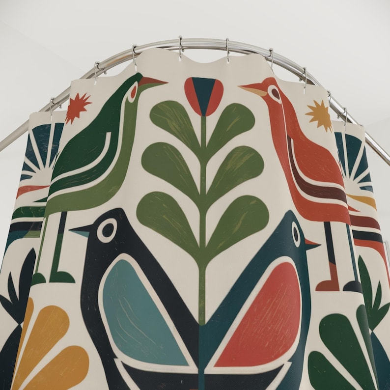 Scandinavian Shower Curtain | Folk Bird Mid Century Boho Design | Boho Home Decor Gift