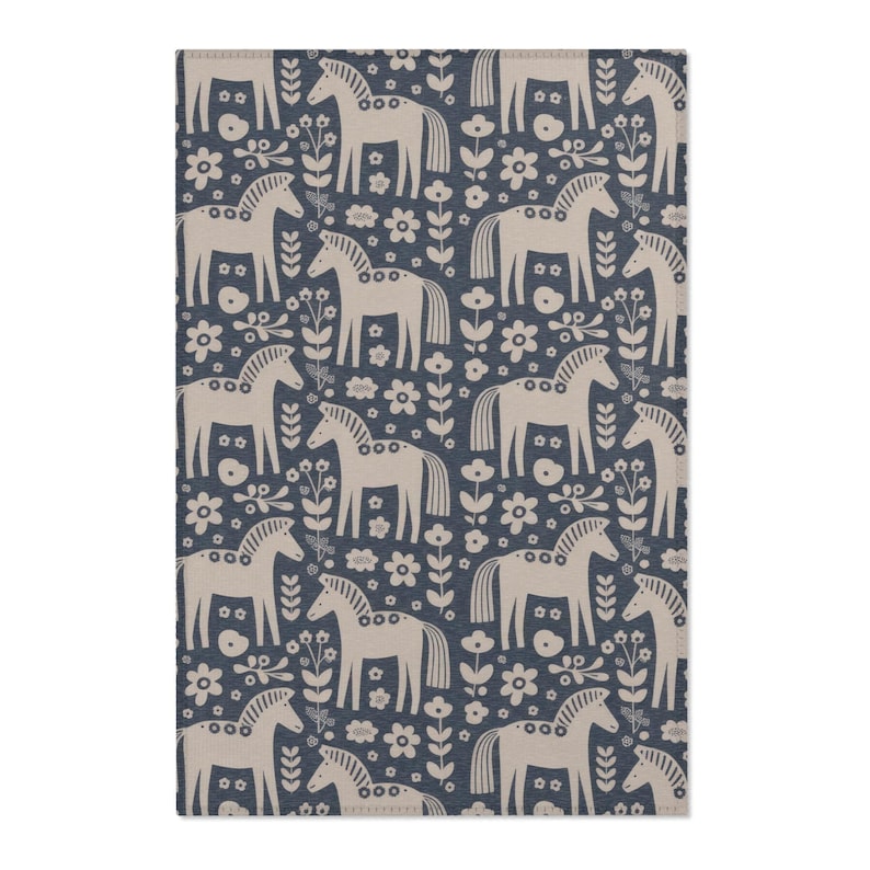 Dala Rugs Dala Horse Area Rug, Scandinavian Folk Art Rug, Nordic Floral Blue Rug ...