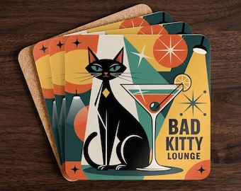 Black Cat Coasters Set of 4, Mid Century Modern Coasters, Cork Drink Coasters, Retro Cat Barware, Atomic Style Decor