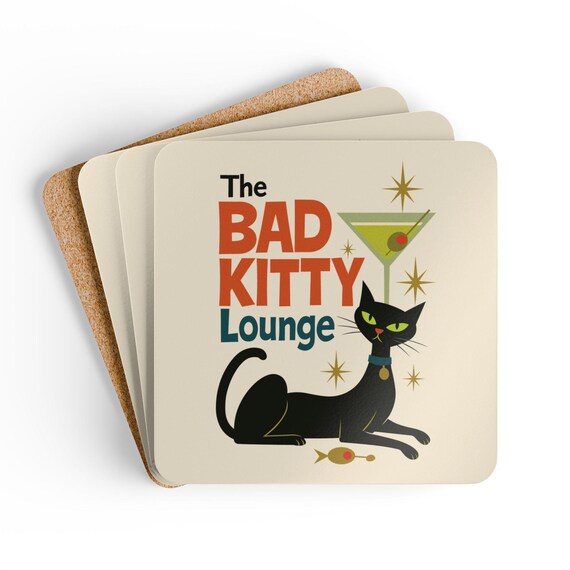Retro Cat Coaster Set – Atomic Starburst, Mid-Century Bar Decor