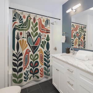 Scandinavian Shower Curtain | Folk Bird Mid Century Boho Design | Boho Home Decor Gift