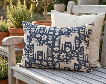 Scandinavian Dala Horse Outdoor Lumbar Pillow, Navy Folk Art Patio Cushion, Floral Horse Porch Decor