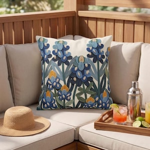 Texas Bluebonnet Outdoor Pillow, Blue Floral Patio Cushion, Wildflower Porch and Garden Decor